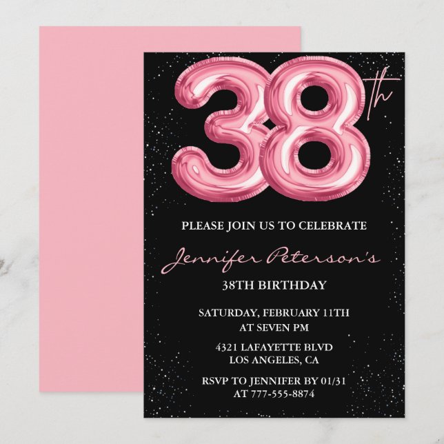 Invitations de Black Pink 38e anniversaire Ballons (Devant / Derrière)
