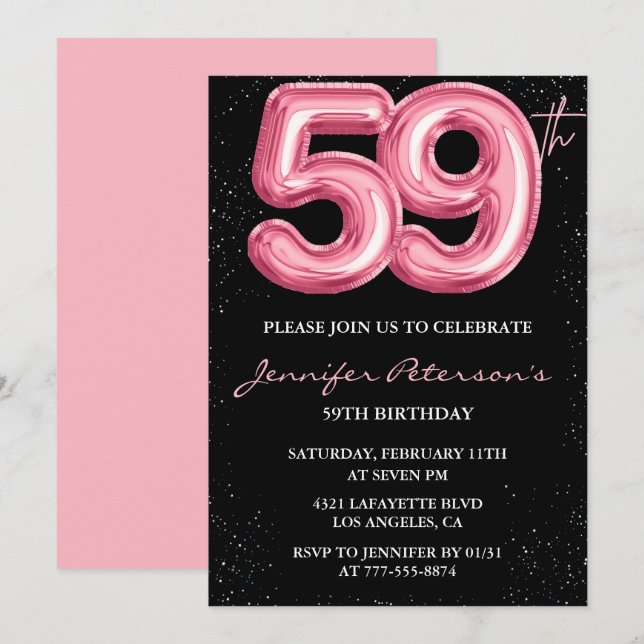 Invitations de Black Pink 59e anniversaire Ballons (Devant / Derrière)