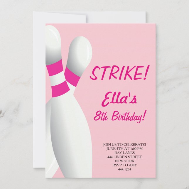 Invitations de Bowling Pink pour la fête d'anniver (Devant)