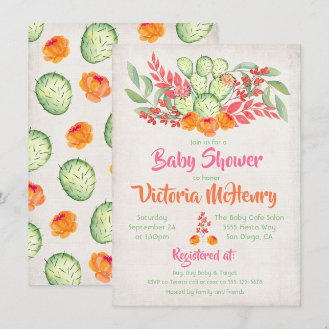 Invitations de cactus d'aquarelle Baby shower mexi (Devant / Derrière)