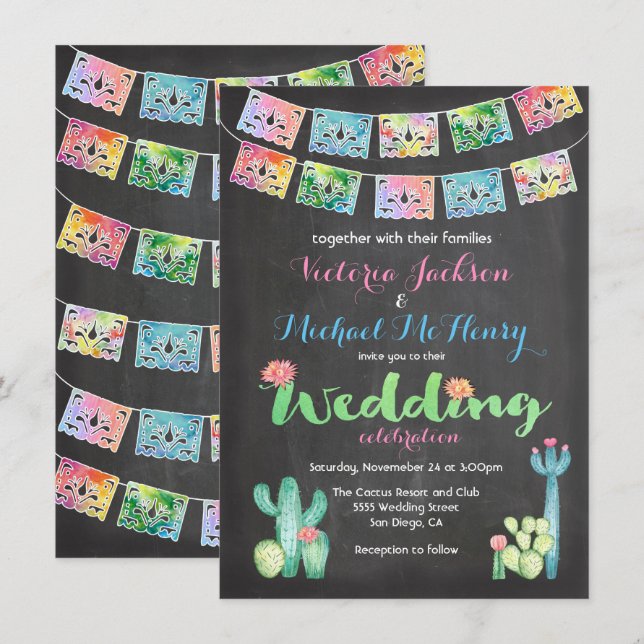 Invitations de cactus Mariages mexicains en aquare (Devant / Derrière)