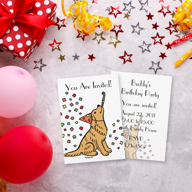 Invitations de caricatures pour l'anniversaire Gol (Birthday Golden Retriever Cartoon Invitations for dog lovers birthday party.  Cute cartoon design.)