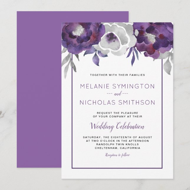 Invitations de célébration de mariages floraux gri (Devant / Derrière)