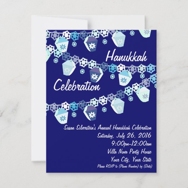 Invitations de célébrations Hanoukka en bleu et bl (Devant)