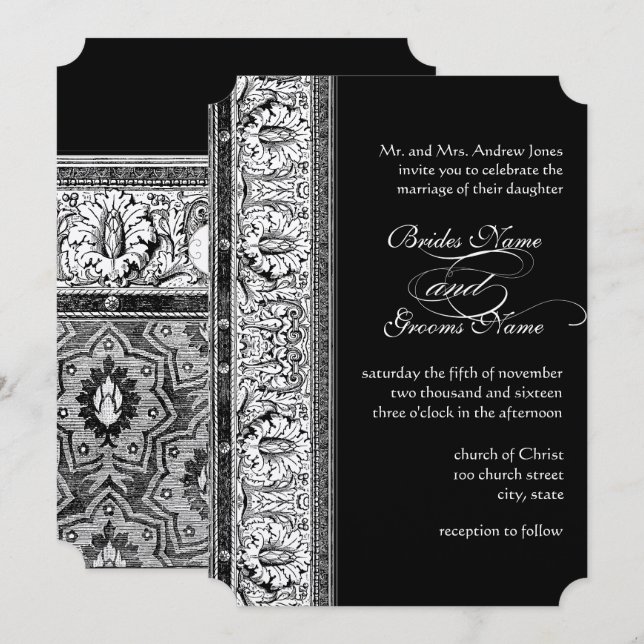Invitations de Deco Black Mariage damassé (Devant / Derrière)