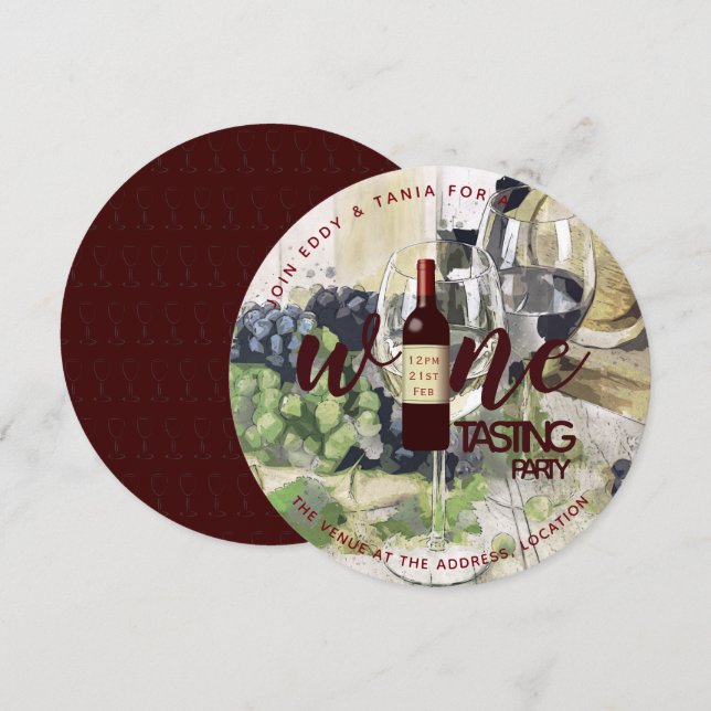 Invitations de dégustation de vin ROND Aquarelle (Devant / Derrière)