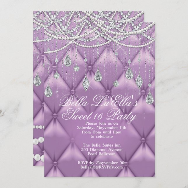 Invitations de Diamond, Pearls et Bling Party (Devant / Derrière)
