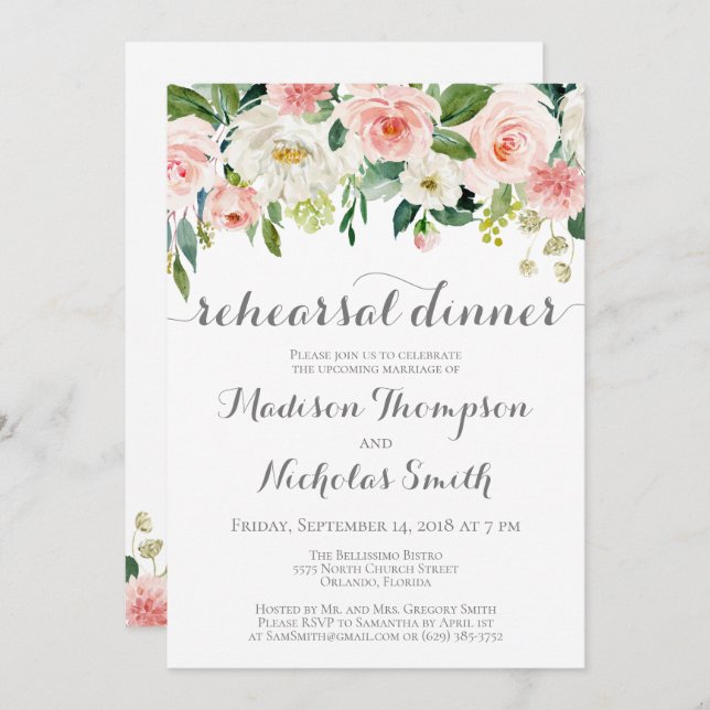 Invitations de dîner de répétition de fleur rose (Devant / Derrière)