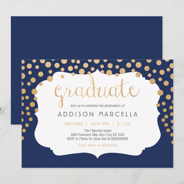 Invitations de diplôme de confetti tendance, or ma (Devant / Derrière)