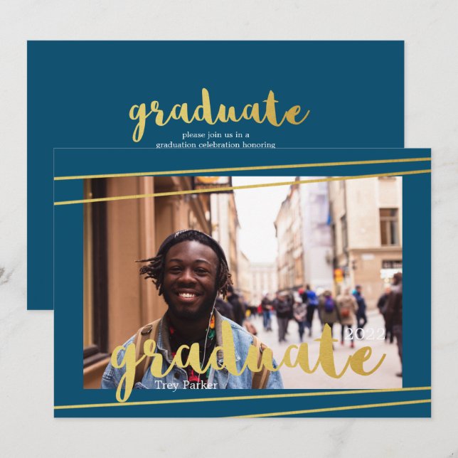 Invitations de diplômés modernes en bleu, or et bl (Devant / Derrière)
