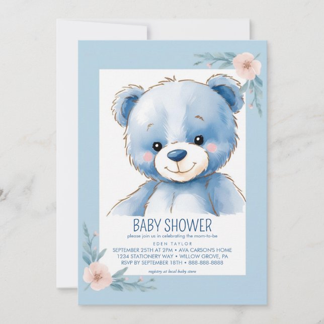 Invitations de douche bébé à l'ours bleu luffeux (Devant)