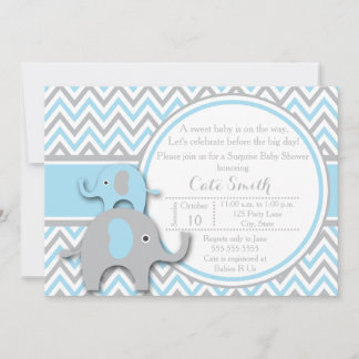 Invitations de douche bébé éléphant, bleu et gris