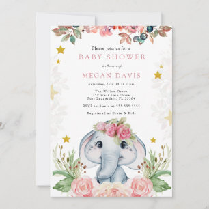 Invitations de douche bébé éléphant Fleur rose