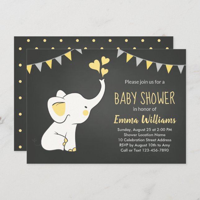 Invitations de douche bébé éléphant | Neutre (Devant / Derrière)