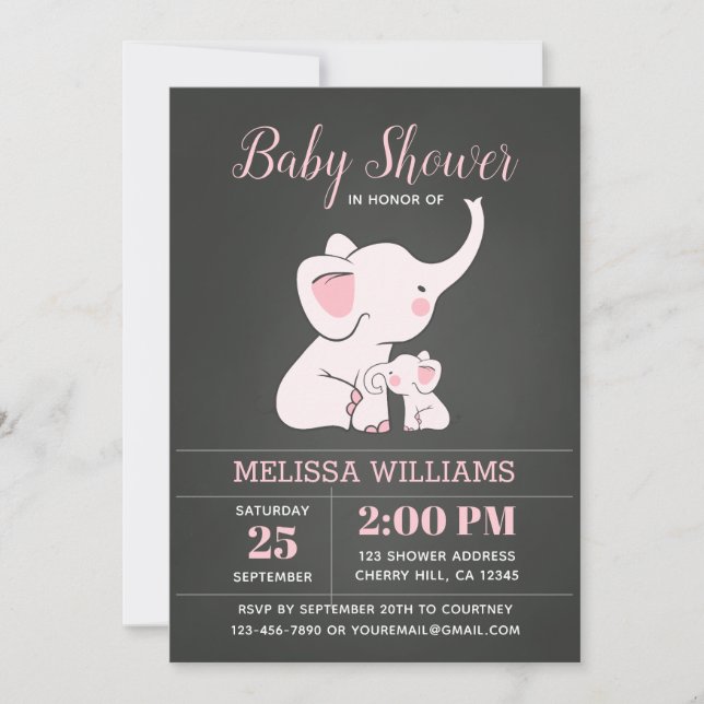 Invitations de douche bébé éléphant pour fille (Devant)