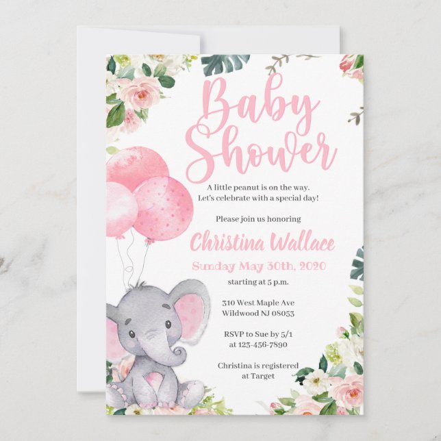 Invitations de douche bébé éléphant pour les fille (Devant)