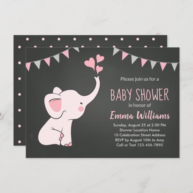 Invitations de douche bébé éléphant pour une fille (Devant / Derrière)