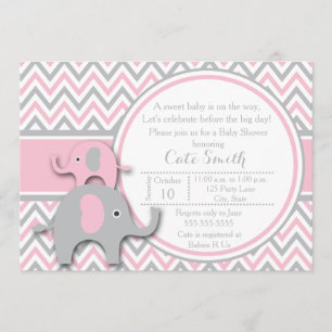 Invitations de douche bébé éléphant, rose et gris