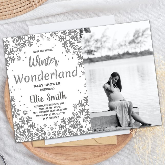 Invitations de douche bébé hiver Argent avec photo (Winter Baby Shower Invitations Silver with photo)