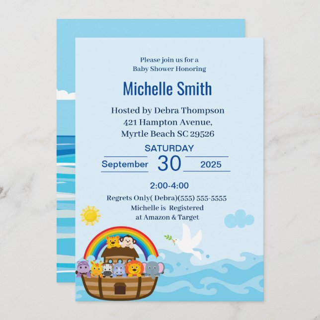 Invitations de douche bébé Noah's Ark (Devant / Derrière)