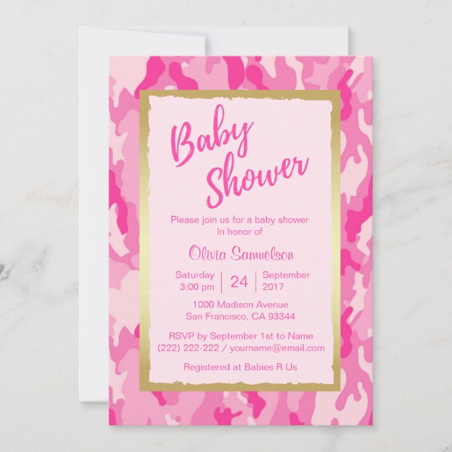Invitations de douche bébé PINK CAMO tendance pers (Devant)