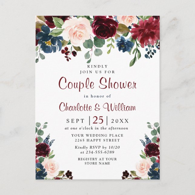 Invitations de douche Floral Couple de la marine d (Devant)