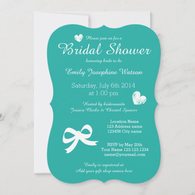 Invitations de douche nuptiale bleu turquoise chic (Devant)