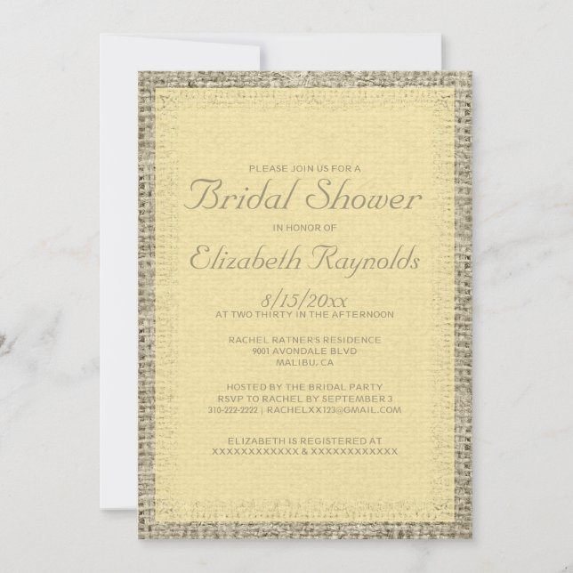 Invitations de douche nuptiale Burlap Gold (Devant)