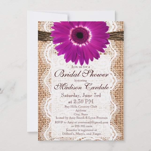 Invitations de douche nuptiale Burlap Purple Daisy (Devant)