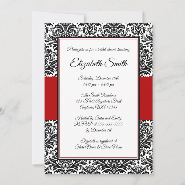 Invitations de douche nuptiale Damas noir et rouge (Devant)