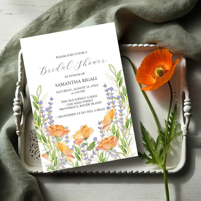 Invitations de douche nuptiale Fleur sauvage aquar (Garden bridal shower invitations watercolor orange poppy flowers & botanicals Victoria Grigaliunas)
