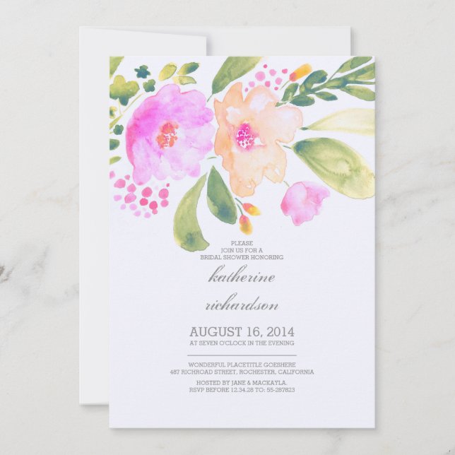 invitations de douche nuptiale fleurie aquarelle (Devant)
