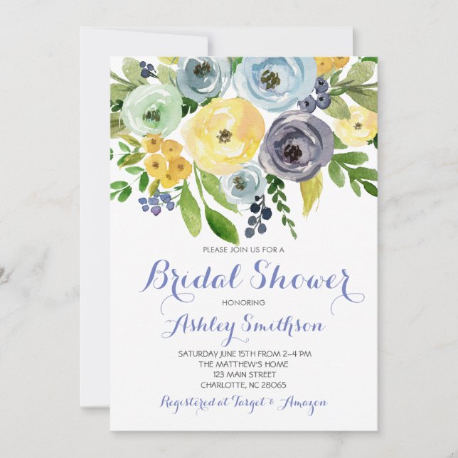 Invitations de douche nuptiale, fleurs bleues jaun (Devant)