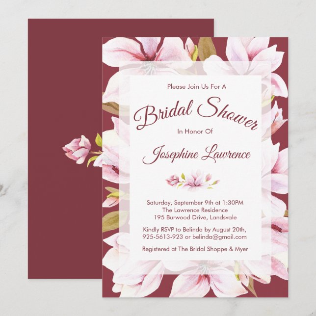 Invitations de douche nuptiale florale Magnolia Bu (Devant / Derrière)