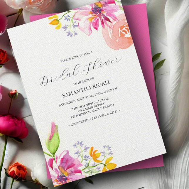 Invitations de douche nuptiale florale Vibrant ros (Bridal shower invitations vibrant pink watercolor floral art by Victoria Grigaliunas DoTellABelle)