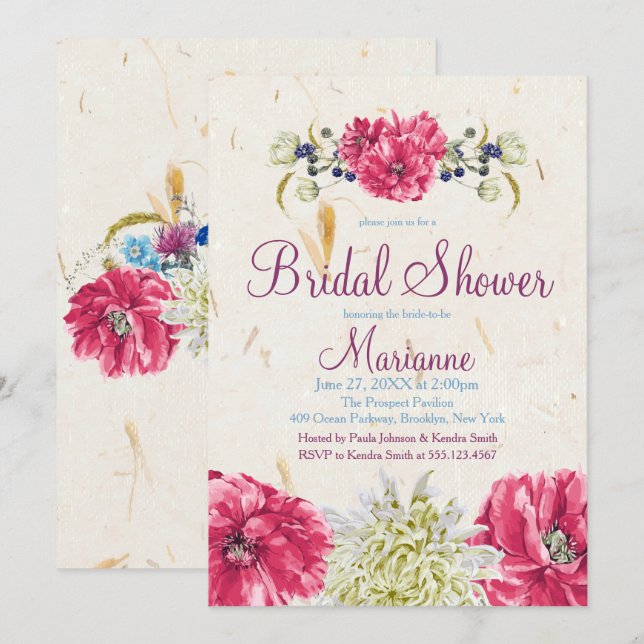 Invitations de douche nuptiale Fuschia et ivoires (Devant / Derrière)