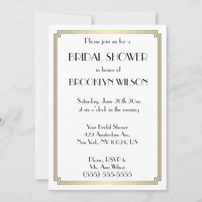 Invitations de douche nuptiale Gatsby Art Déco (Devant)