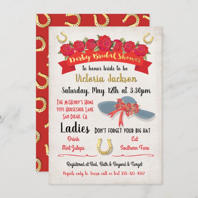 Invitations de douche nuptiale Gold Foil Derby (Devant / Derrière)