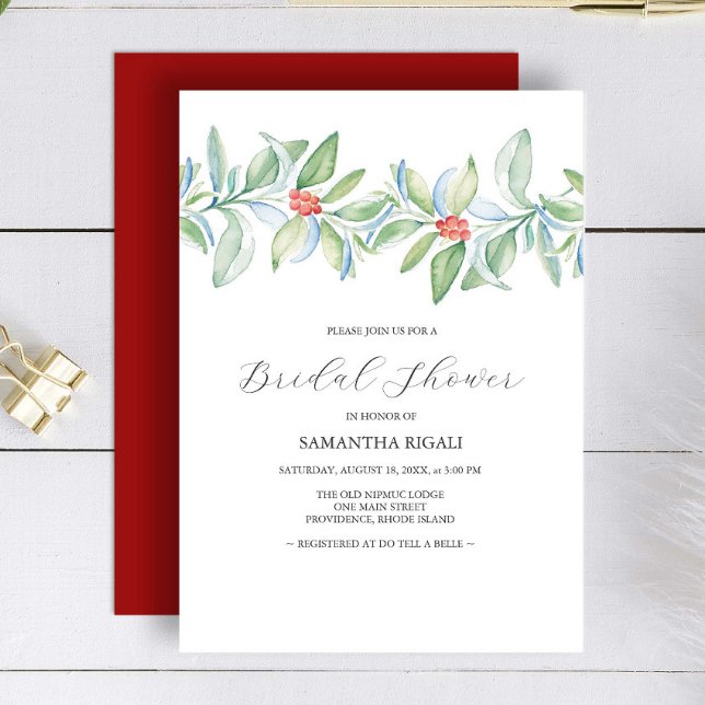 Invitations de douche nuptiale hiver Aquarelle (Winter bridal shower theme features Christmas Watercolor art by Victoria Grigaliunas Do Tell A Belle)