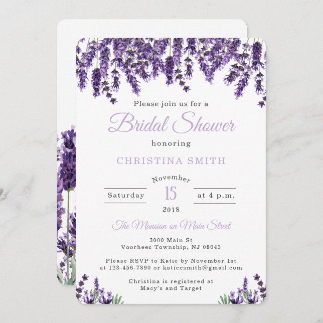 Invitations de douche nuptiale Lavender (Devant / Derrière)