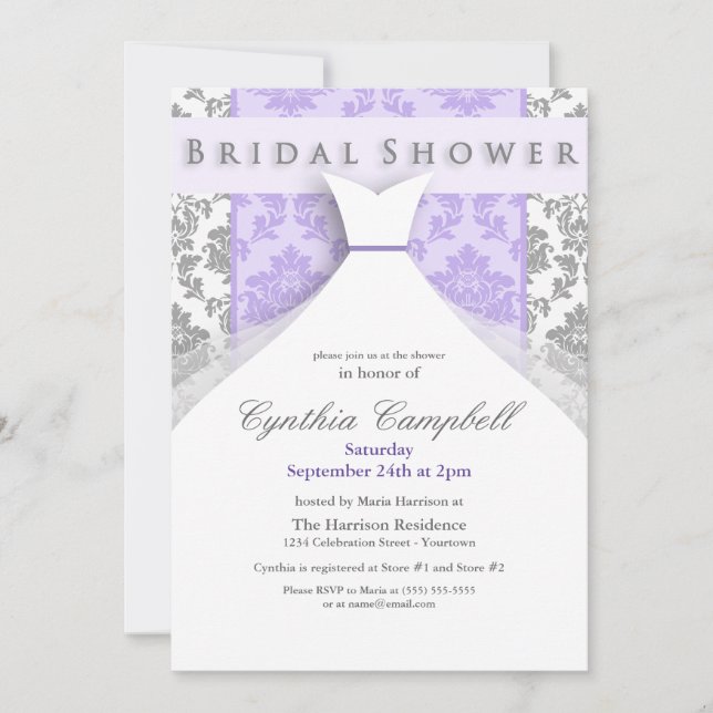 Invitations de douche nuptiale Lilac/Silver Damask (Devant)