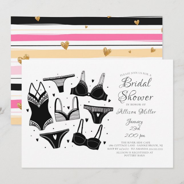 Invitations de douche nuptiale Lingerie noir et bl (Devant / Derrière)