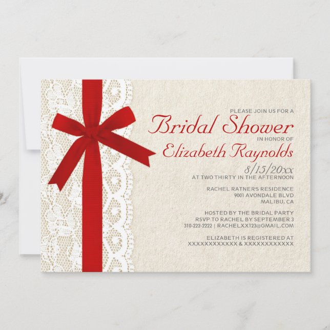 Invitations de douche nuptiale Red Bow & dentelle (Devant)