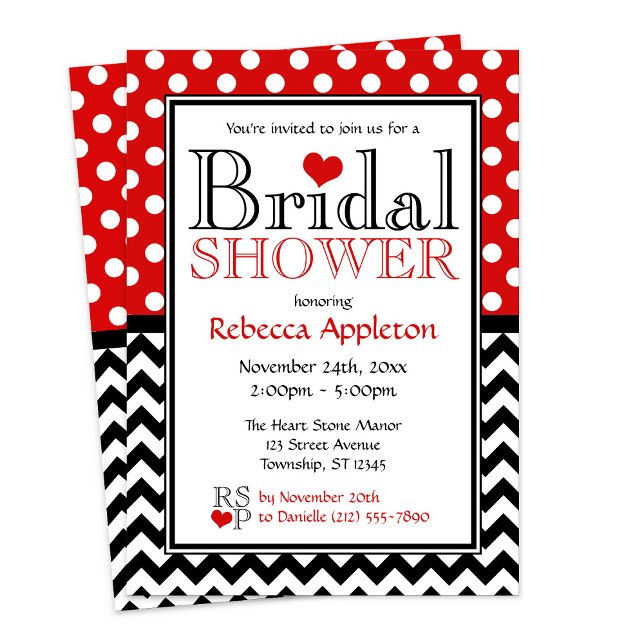 Invitations de douche nuptiale Red Polka Dot Chevr (Red Polka Dot Chevron Bridal Shower Invitations from Starzraven. Downloadable evite available.)