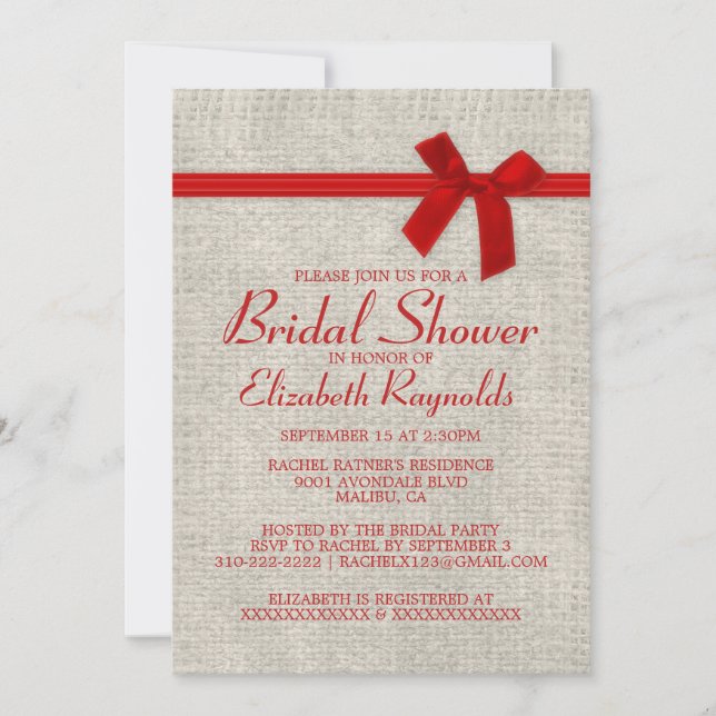 Invitations de douche nuptiale Red Rustic Burlap (Devant)