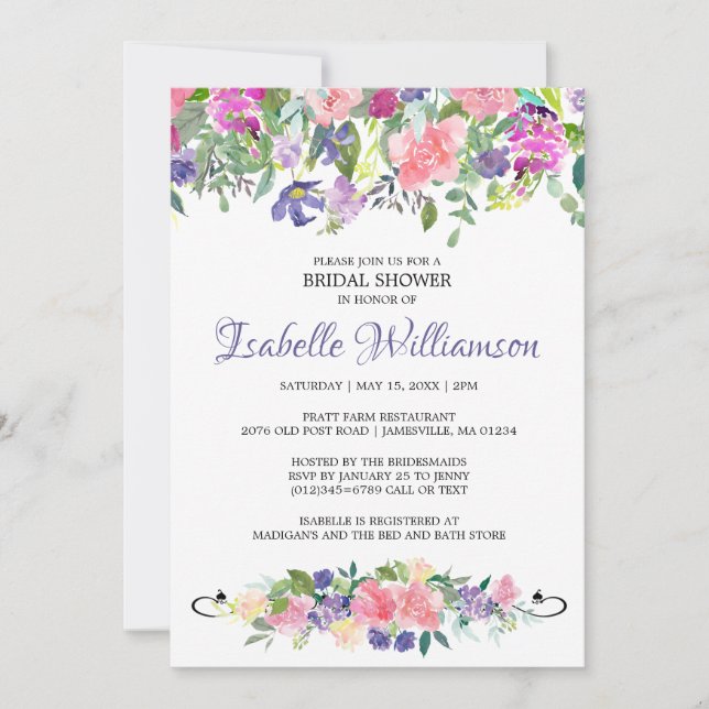Invitations de douche nuptiale rose et violet (Devant)