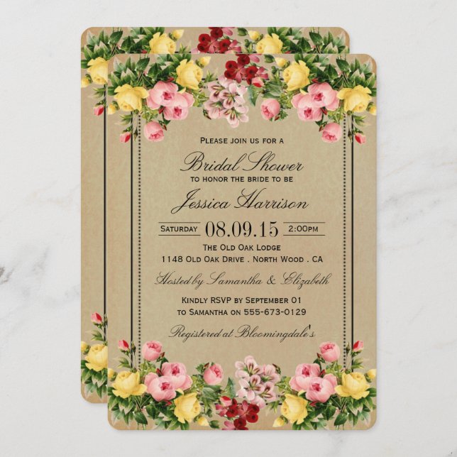Invitations de douche nuptiale Vintage (Devant / Derrière)