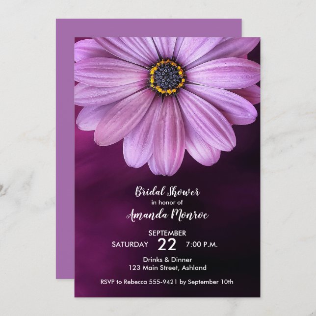 Invitations de douche nuptiale violet Daisy (Devant / Derrière)