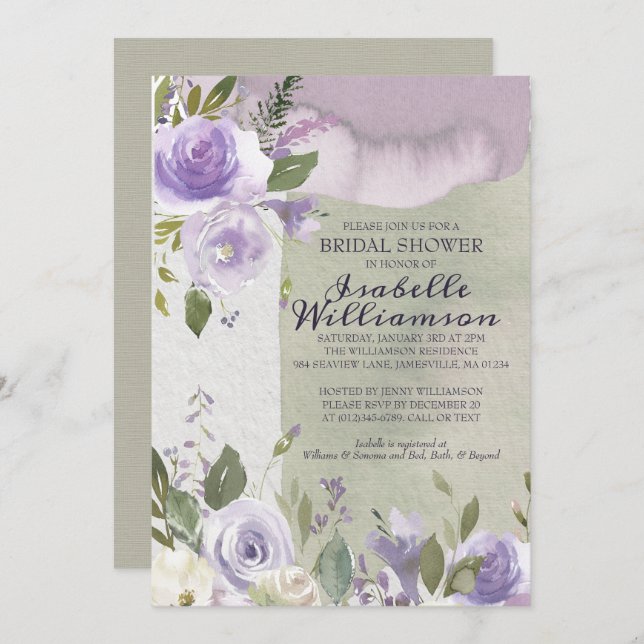 Invitations de douche nuptiale violette moderne (Devant / Derrière)