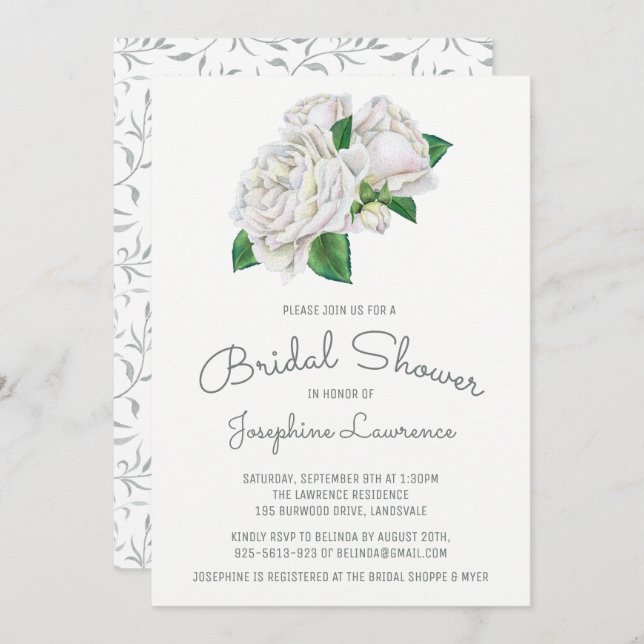 Invitations de douche nuptiale White Roses (Devant / Derrière)